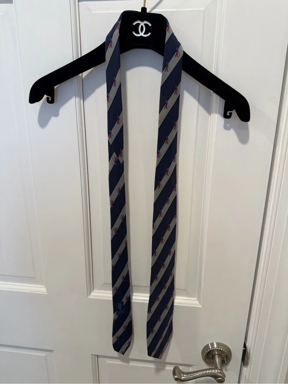 Vintage Gucci Navy Gray Striped Silk Tie featuring novelty Golf Motifs Necktie